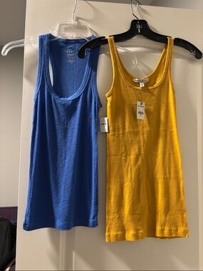 Blue Racerback Tank & Mustard Yellow Ribbed Tank